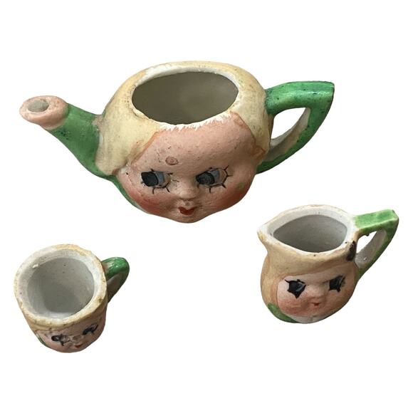 3 Pcs 1920's Kewpie Doll Face Child's Miniature Tea Set Creamer Cup Japan - Picture 4 of 14